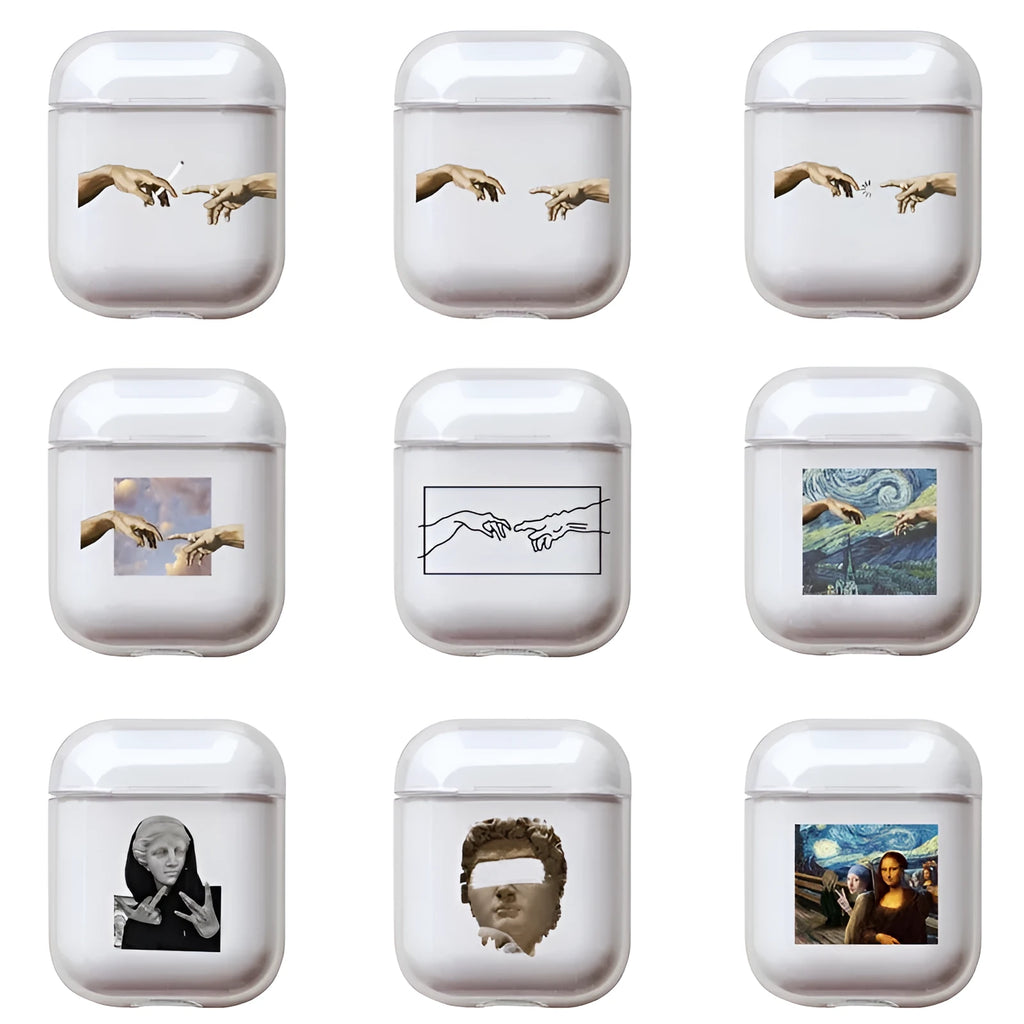 Transparent plastic AirPods protective case showing compatibility with Apple AirPods and AirPods Pro