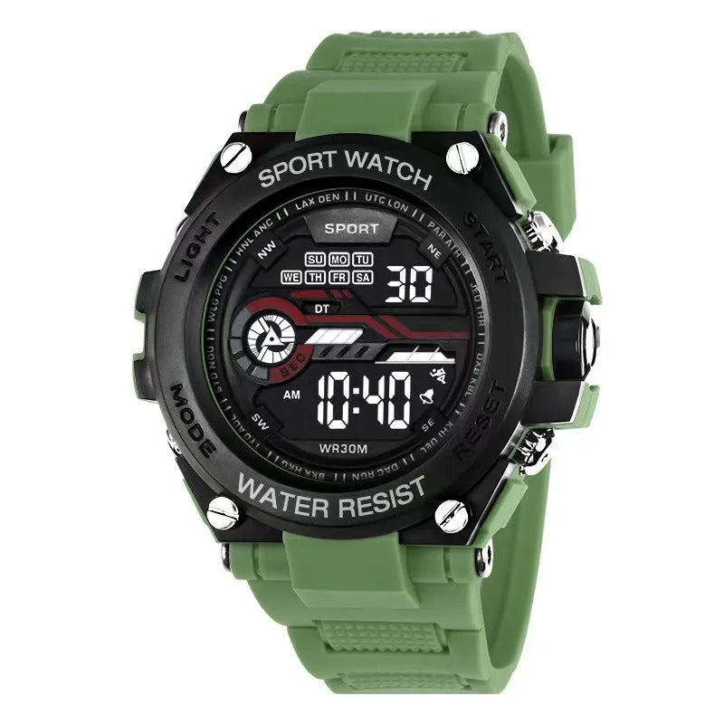 Digital electronic wristwatch for teenagers and students shown in one of ten available colour variations.