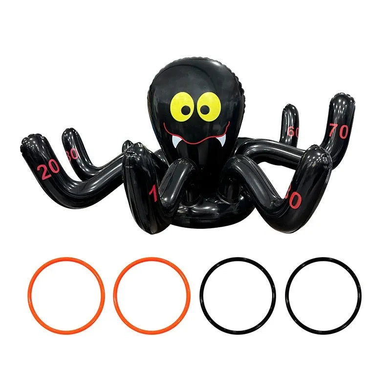 Assorted Halloween inflatable throwing toys including octopus, antlers, witch hat, and spider designs in various colours