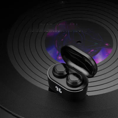 Black stereo Bluetooth 5.0 headset earbuds with power display and NFC function
