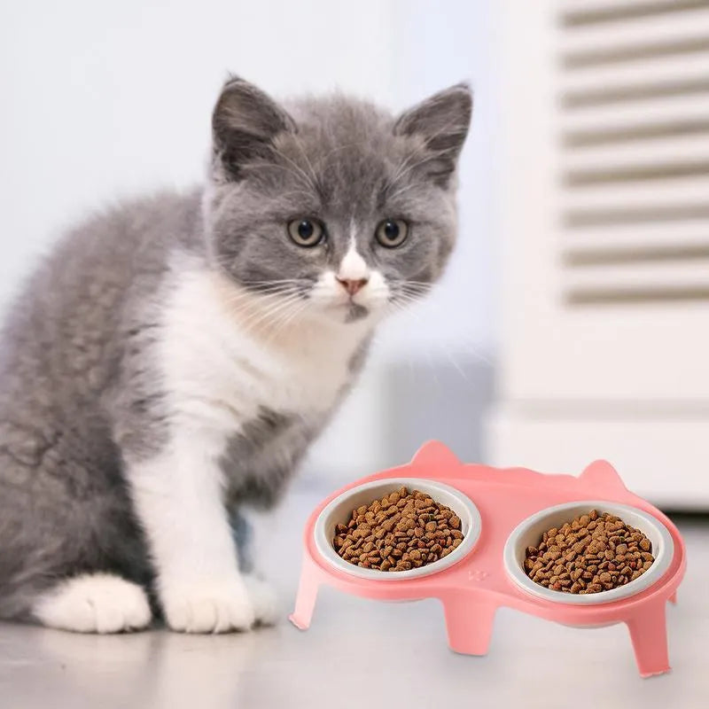 Blue ceramic cat food and water bowl set on a white elevated stand with storage hook