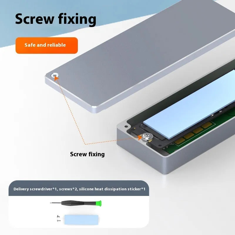 Type-C M.2 SSD hard disk cartridge with aluminium housing, screwdriver, screws, silicone radiator and adapter cable