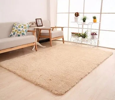 White fluffy plush area rug with rectangular shape and non-slip dot bottom