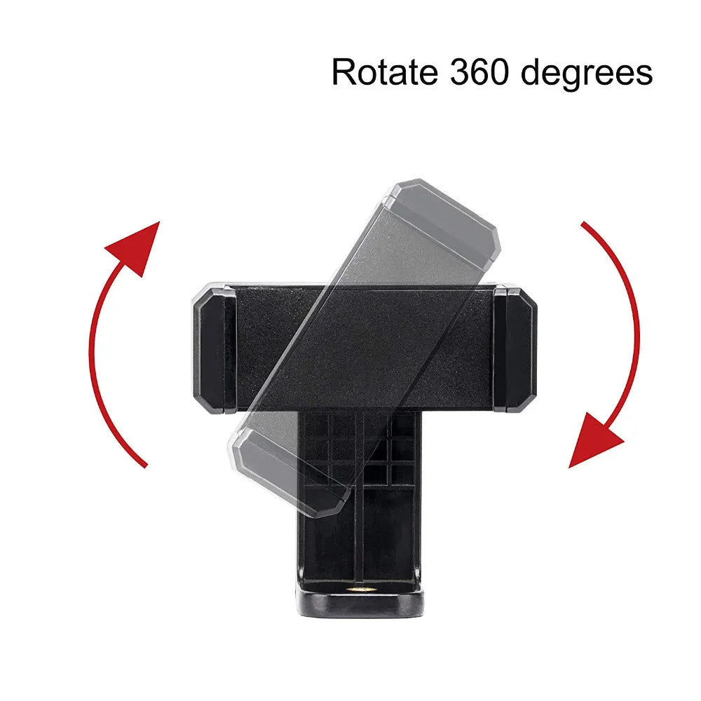 Black plastic phone holder with a rotating clamp on a flat surface.