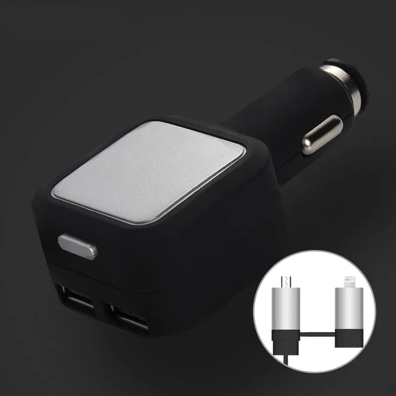 Black and gold dual USB car charger with retractable cable plugged into a car's 12V socket.