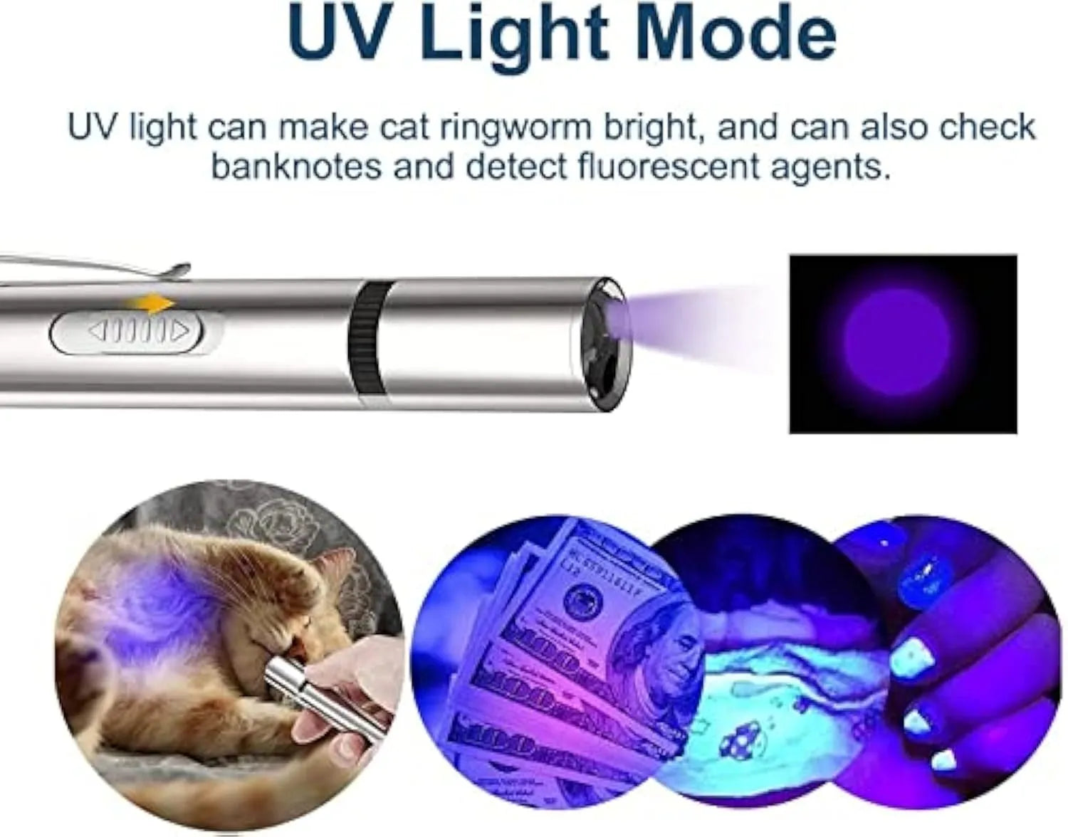 Silver aluminium cat toy pointer wand with light patterns for interactive indoor pet play