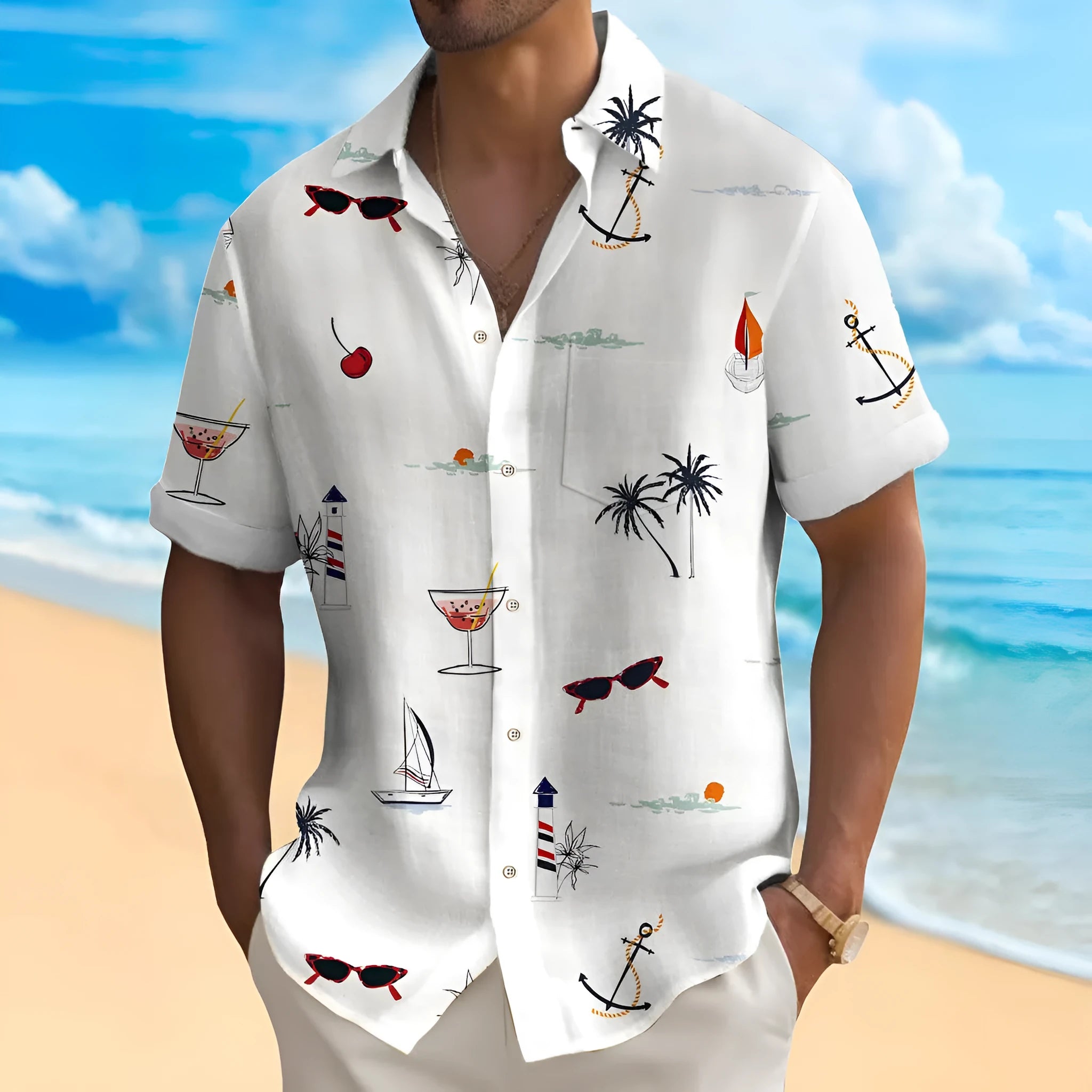 Men's loose fit Hawaiian shirt with digital print pattern, short sleeves.
