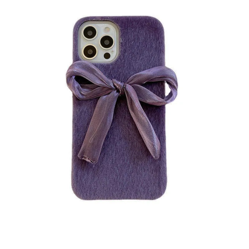 Purple Korean style silk bow plush phone case for iPhone, back cover with mink plush texture