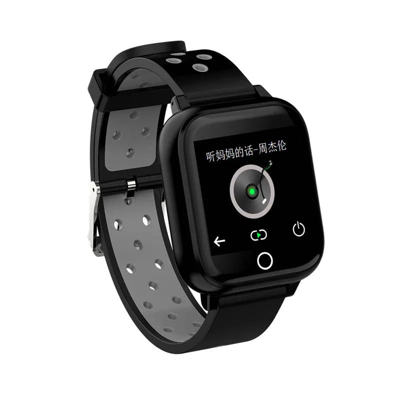 Black smartwatch with Bluetooth earbuds stored in the watch casing, showing the 1.4-inch screen.
