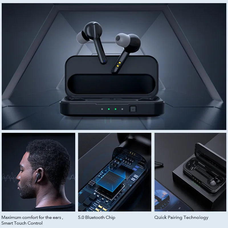 Black and white TWS wireless Bluetooth earbuds with an IPX5 waterproof rating.
