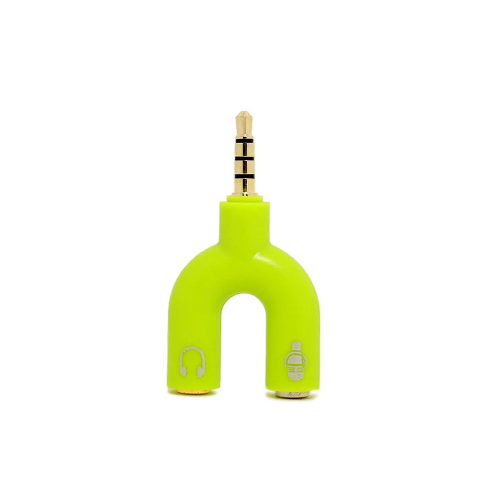 A compact white 3.5mm headphone splitter adapter with two female ports and one male jack.