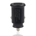 Dual USB car charger in black or white with 12-32V input and 5V 2.1A output, compact 50 x 30 x 30mm