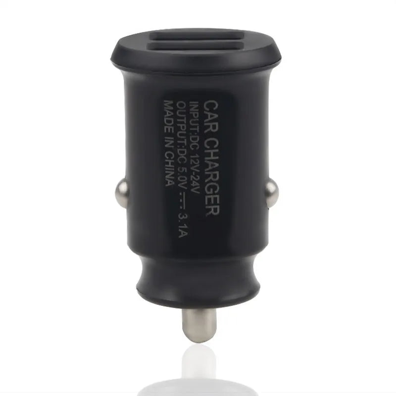 Dual USB car charger in black or white with 12-32V input and 5V 2.1A output, compact 50 x 30 x 30mm