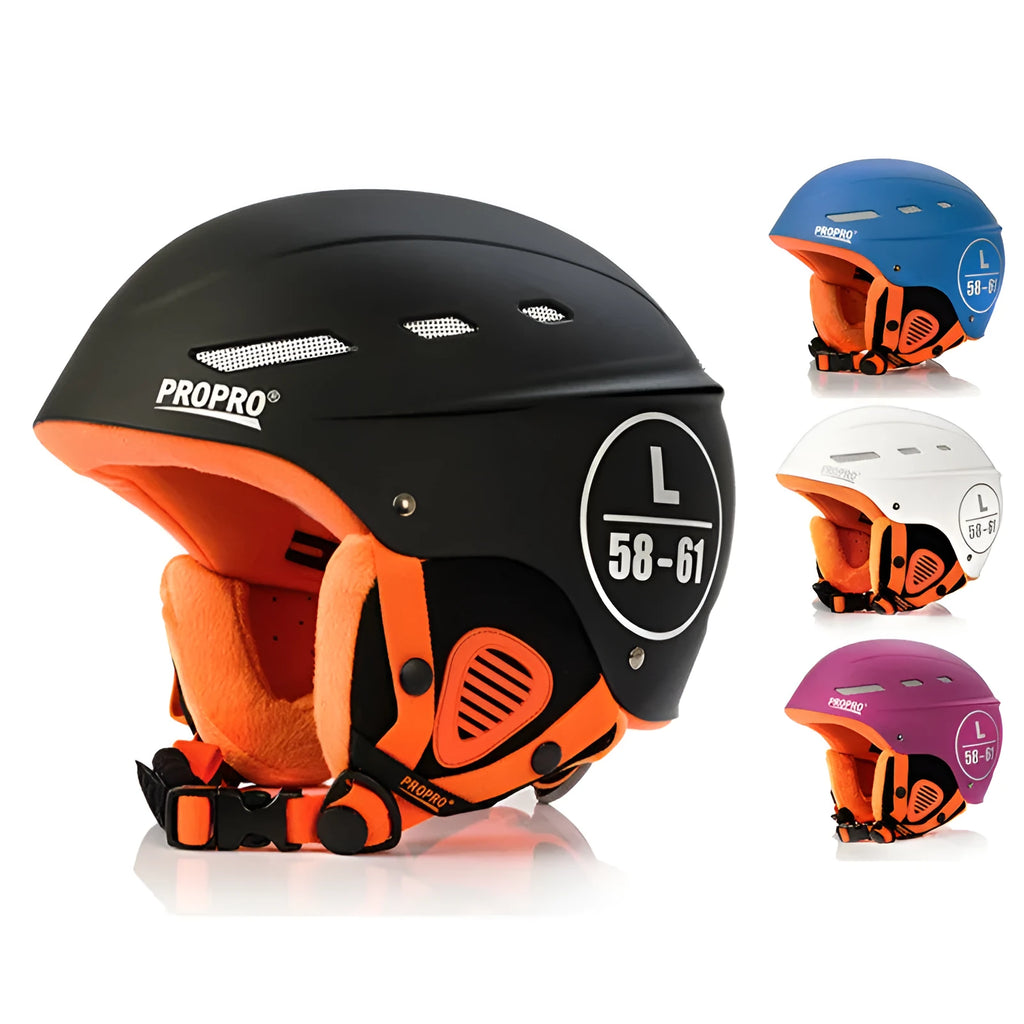 Propro M035 ski helmet in black with ABS shell, EPS liner, velvet lining, and 650g weight, size M or L