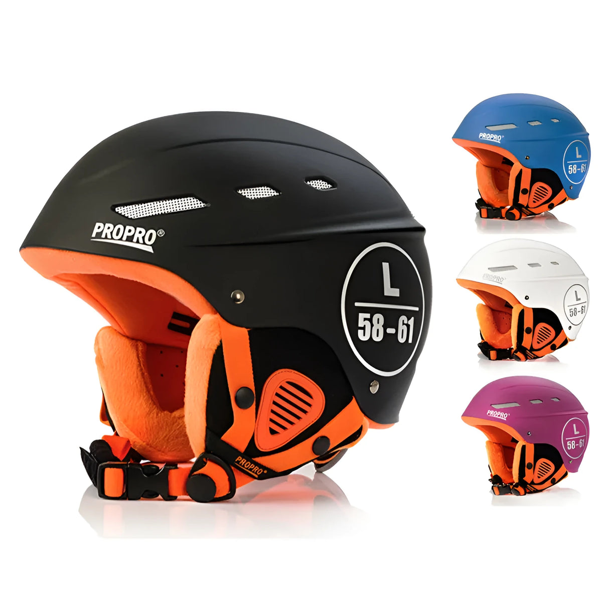 Propro M035 ski helmet in black with ABS shell, EPS liner, velvet lining, and 650g weight, size M or L