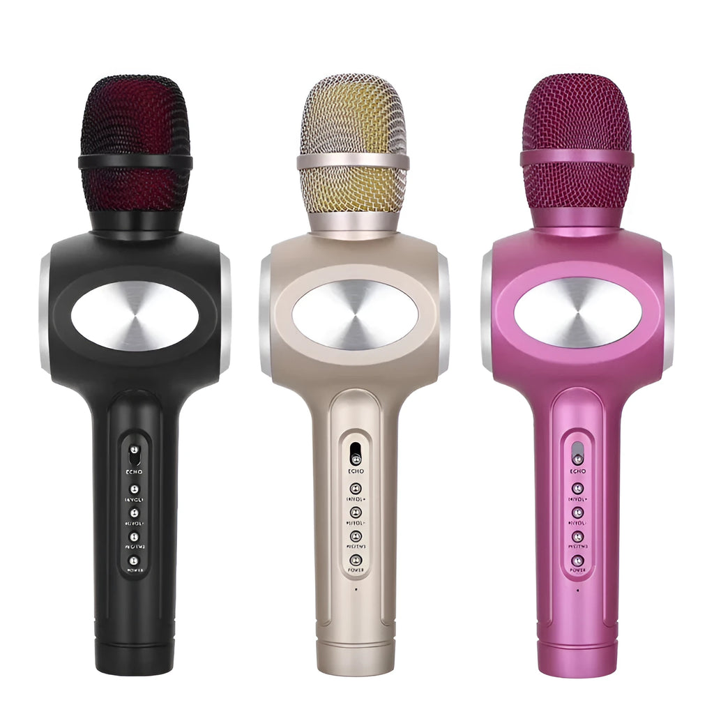 Yaerjia E108 wireless karaoke microphone with integrated speaker in black, gold, or pink colour.
