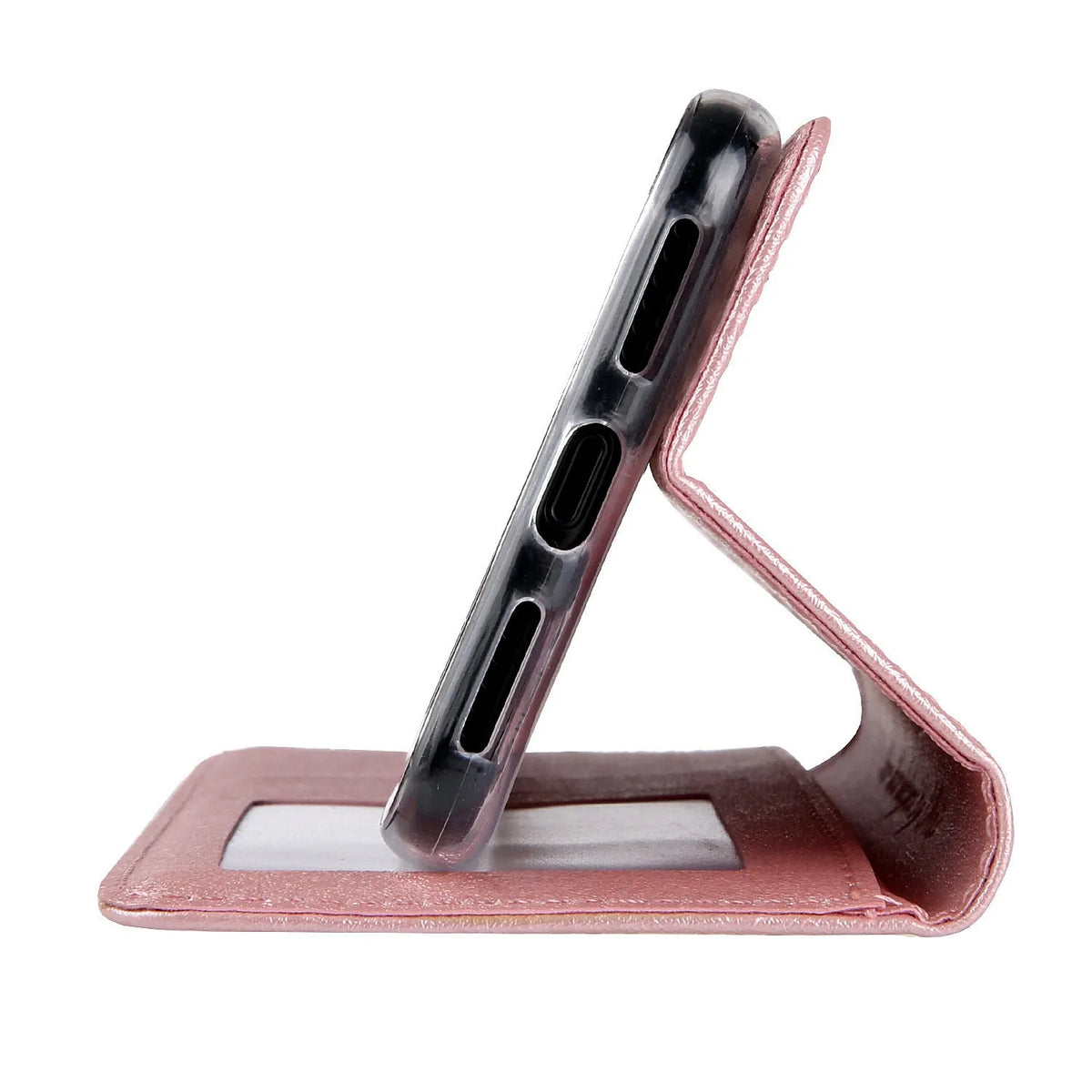 Apple iPhone flip wallet case with card slots in PU leather, shown in multiple colour options