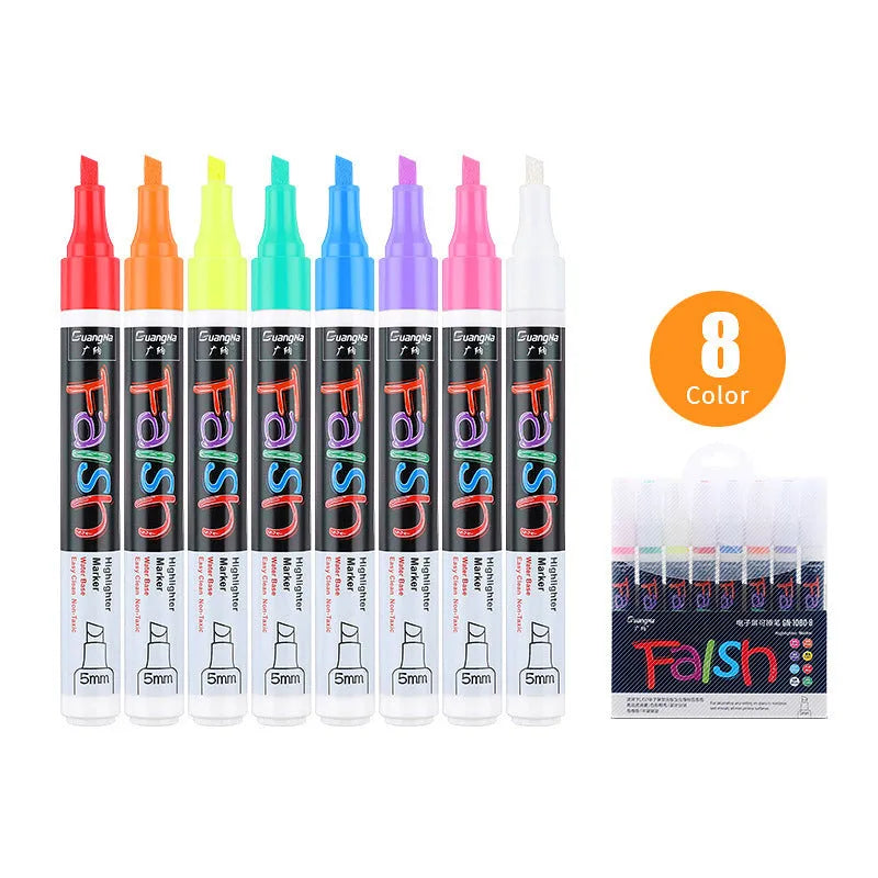 Fluorescent board highlighter with 6mm tip showing oblique pen shape and plastic shell construction