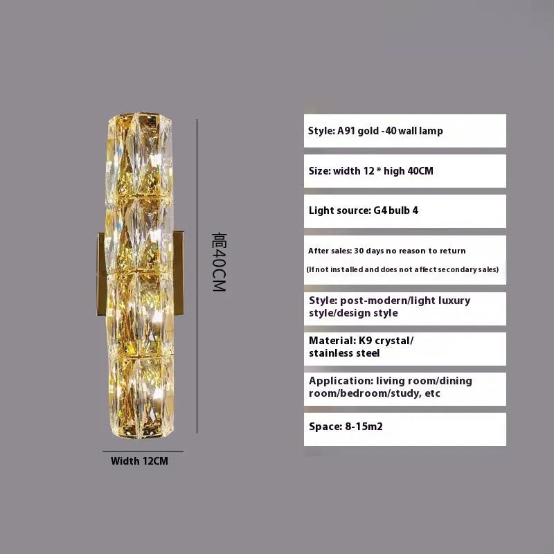 Crystal shade wall lamp with stainless steel body in chrome or gold finish, shown in multiple sizes.