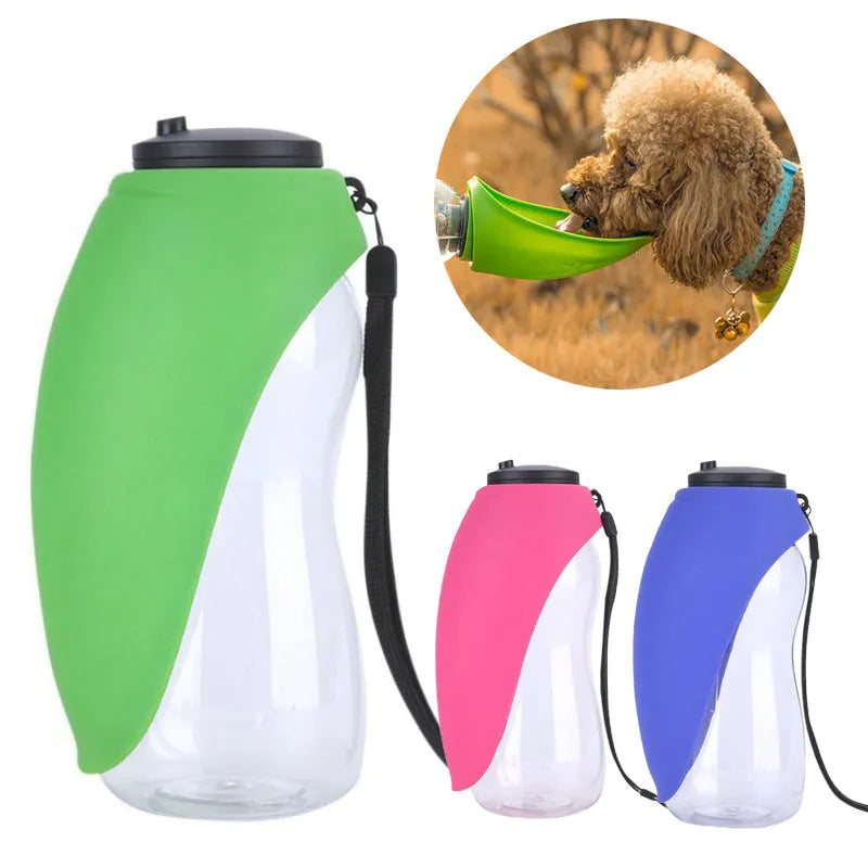 Sky blue portable pet water bottle with drinking sink and key-lock, showing 680ml capacity.