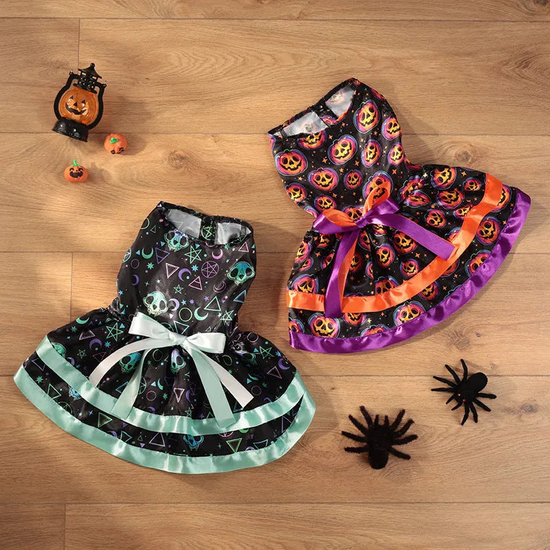 Colourful double-layer Halloween skirt for a dog, showing pumpkin and skull pattern options.
