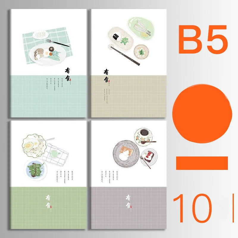 Ten soft cover kraft paper notebooks with thread binding in A5 and B5 sizes showing multiple design styles