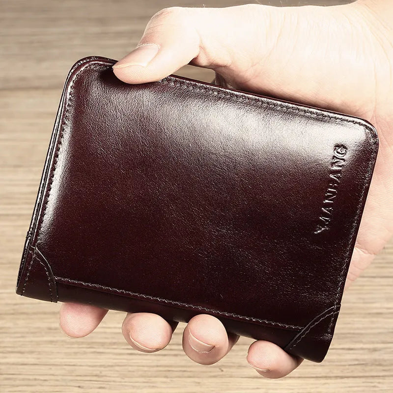 Men's leather wallet in black or brown showing internal compartments for cards, photos, banknotes, coins and documents