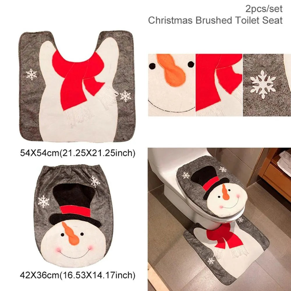 Christmas bathroom decoration set with flannel toilet cover, floor mat, and shower curtain in Santa design
