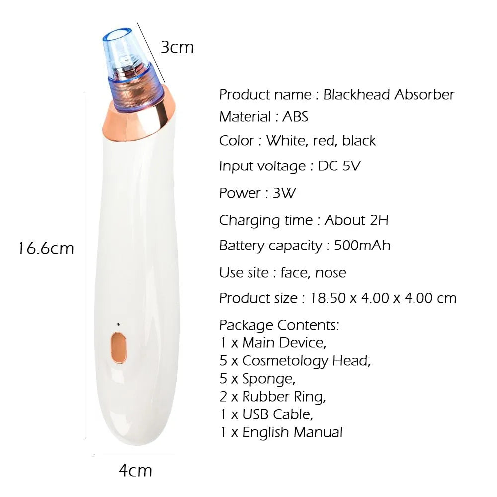 Electric blackhead remover pore cleaner with multiple nozzle attachments and 3.7V lithium battery