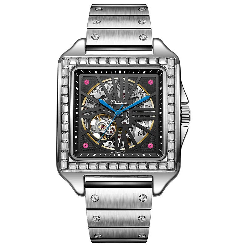 Square diamond-studded automatic men's watch with business style and stainless steel bracelet