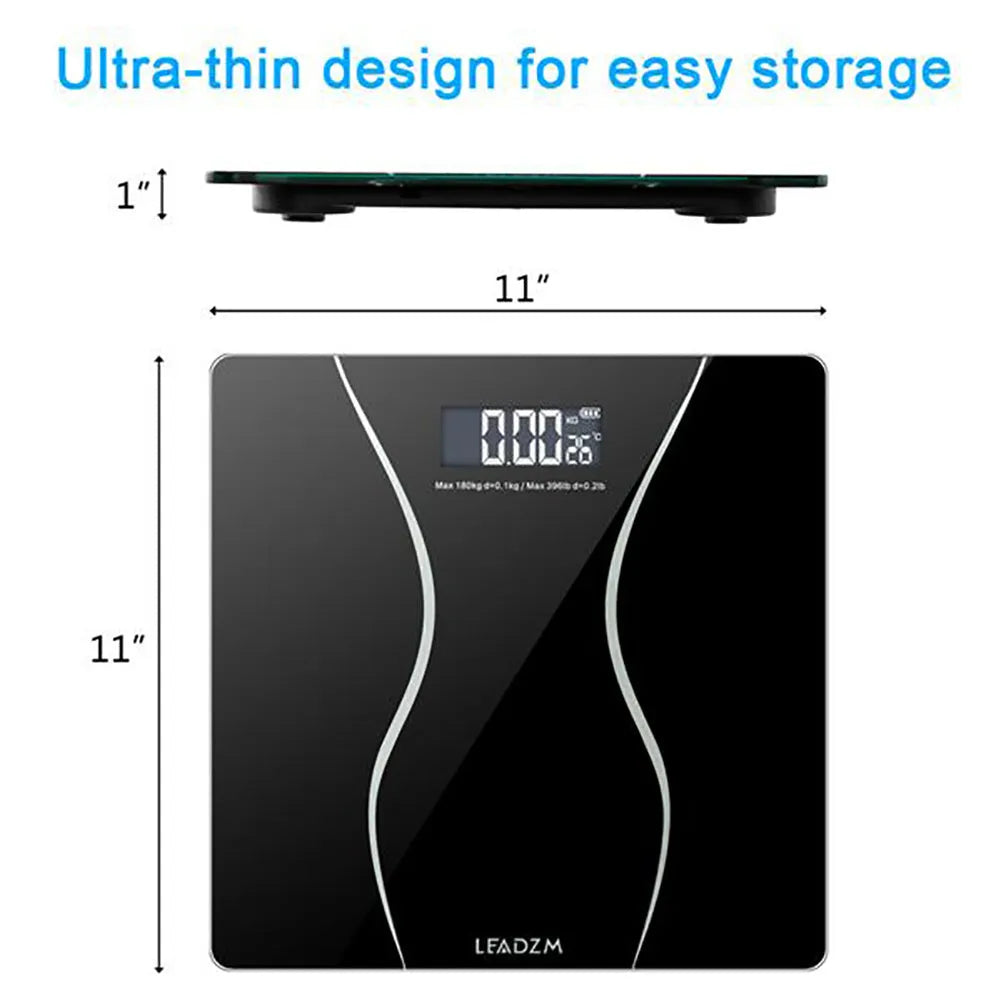 Black electronic bathroom scale with digital display, 180 kg capacity