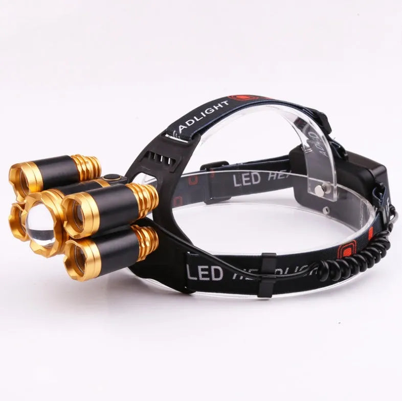 Gold aluminium alloy LED head torch with adjustable focus on an adjustable head strap.