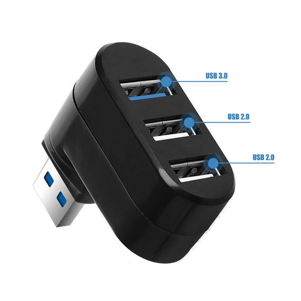 Black or white USB rotary splitter hub with four ports on a blister card packaging.