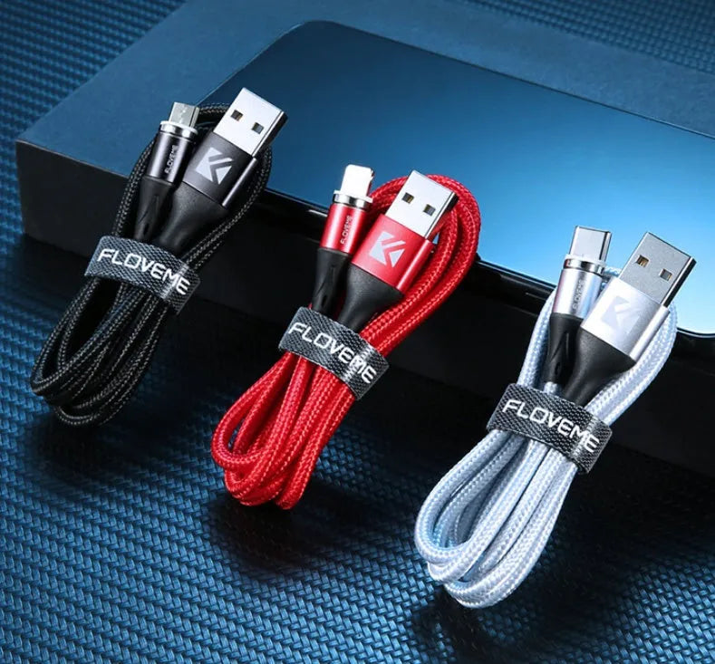 Black magnetic charging cable with LED lights showing USB-C and lightning connectors