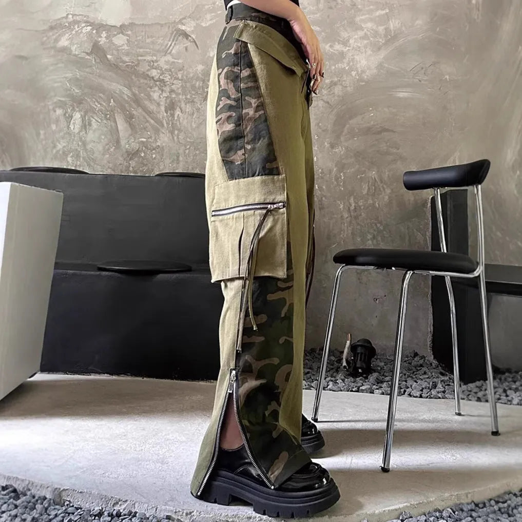 Women's dark khaki leopard print high-waist jeans with retro tooling stitching detail