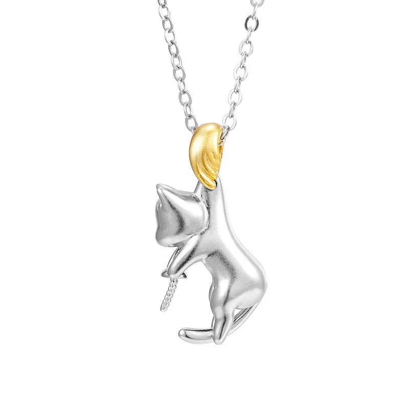 925 sterling silver clavicle chain necklace with a cat charm and electroplated finish.