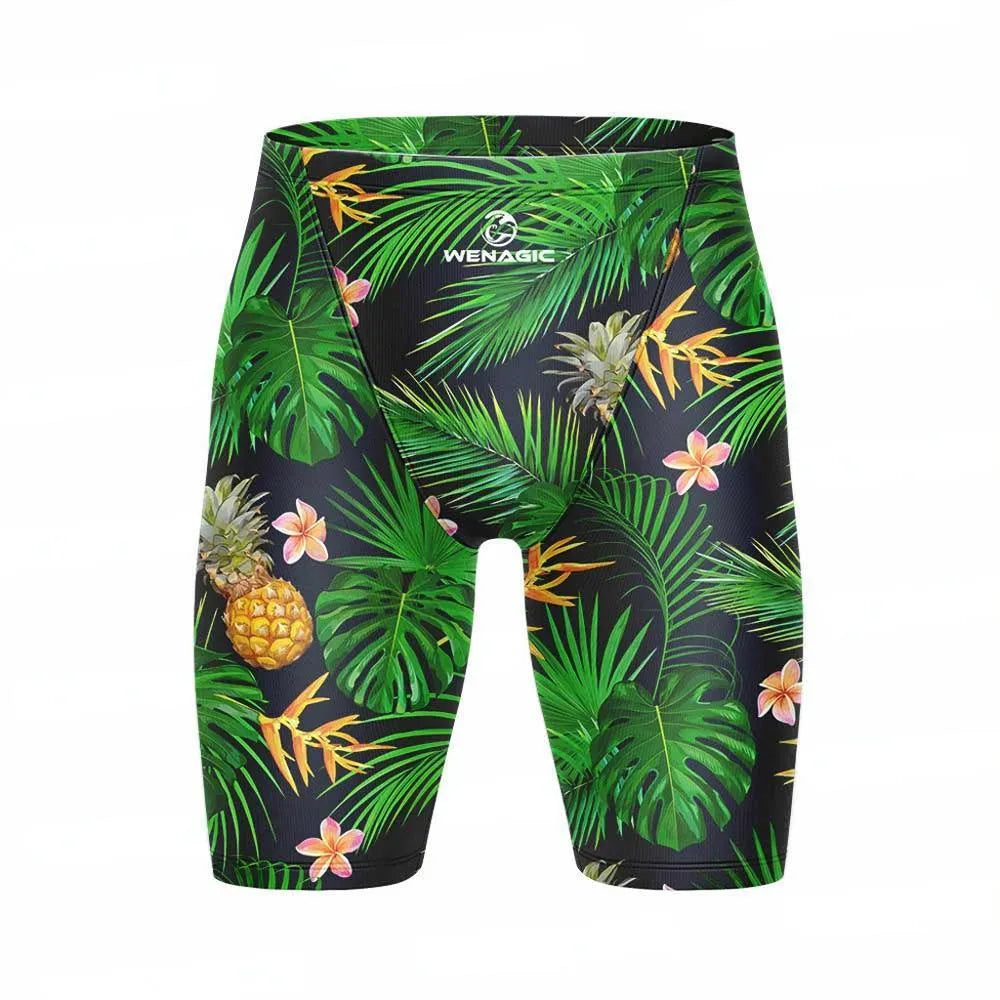 Brief-style Lycra swimming trunks for men in a solid colour, shown laid flat