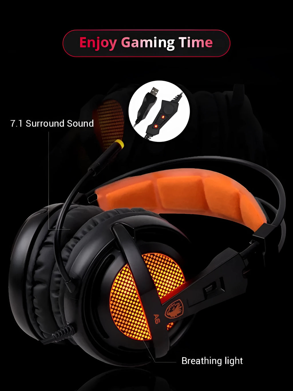 Black or white 7.1 channel USB gaming headset with LED lights and 40mm speakers