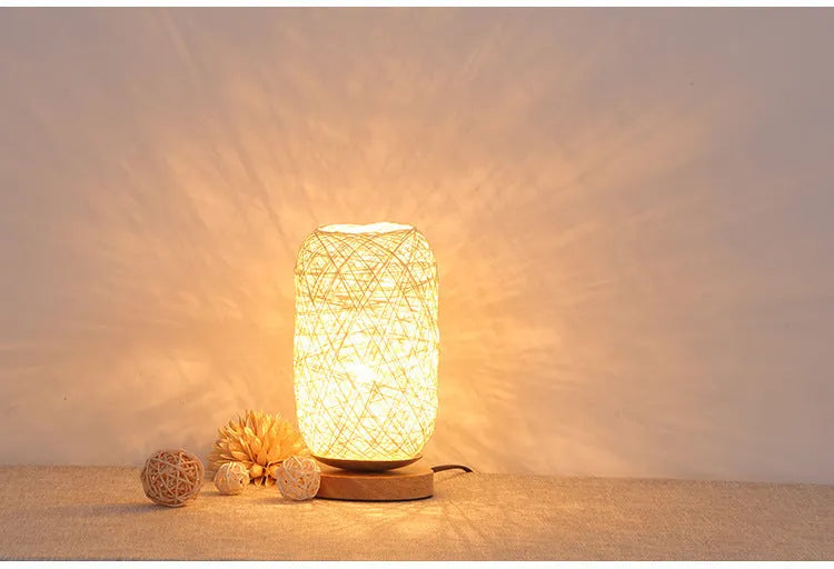 Brown woven hemp rope Sepak Takraw desk lamp with solid wood base and USB cable
