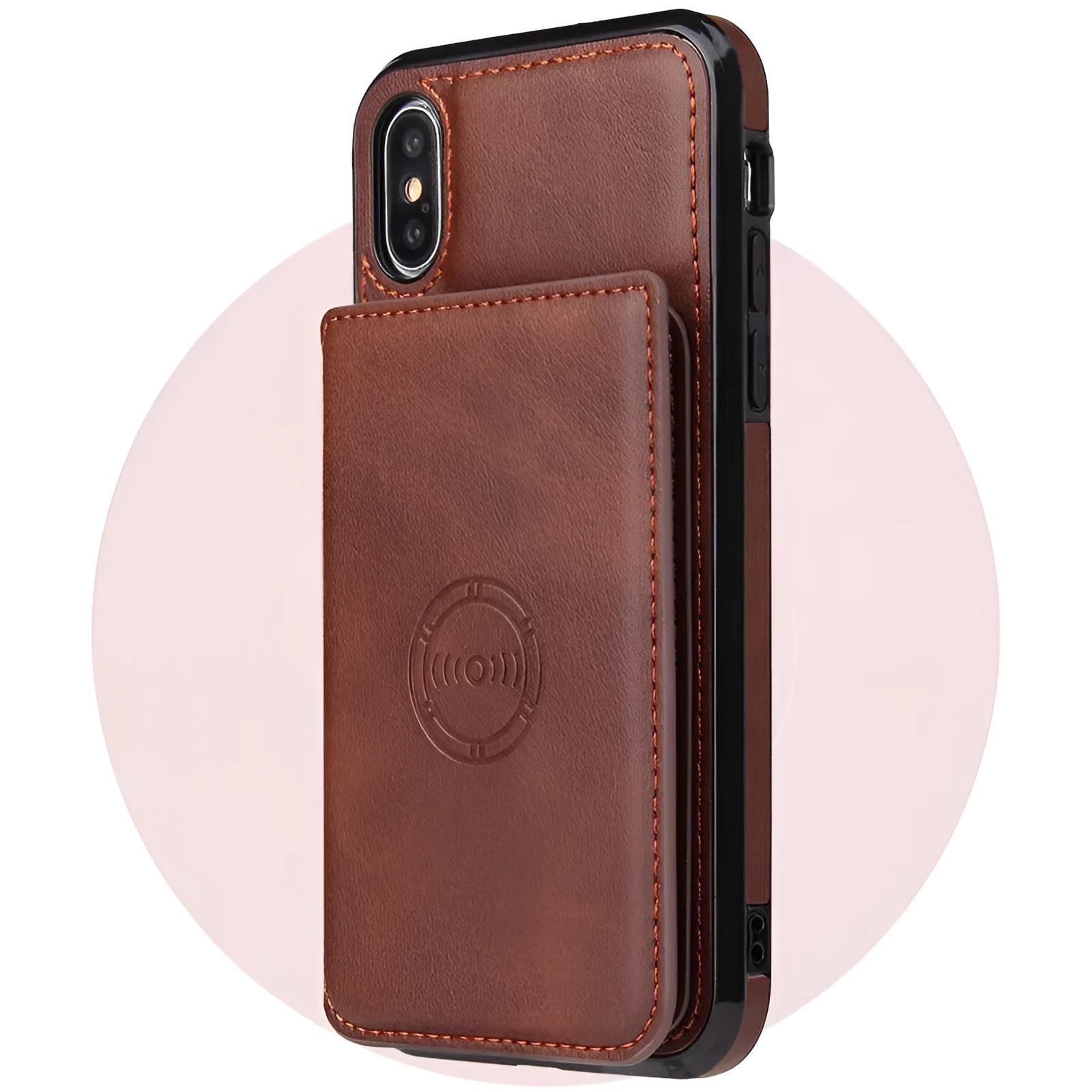 Imitation leather card wallet phone case for iPhone in multiple colour options showing card storage and back cover design