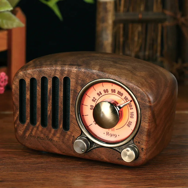 Retro wooden wireless mini Bluetooth speaker in cherry wood or walnut finish measuring 111.6mm x 50mm x 68mm