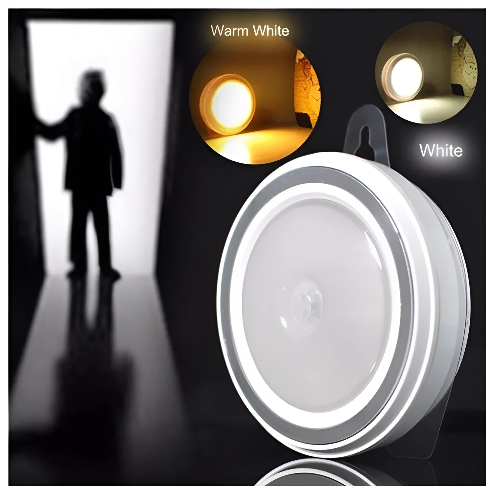 Round 80mm white motion sensor LED light for wardrobe and hallway installation