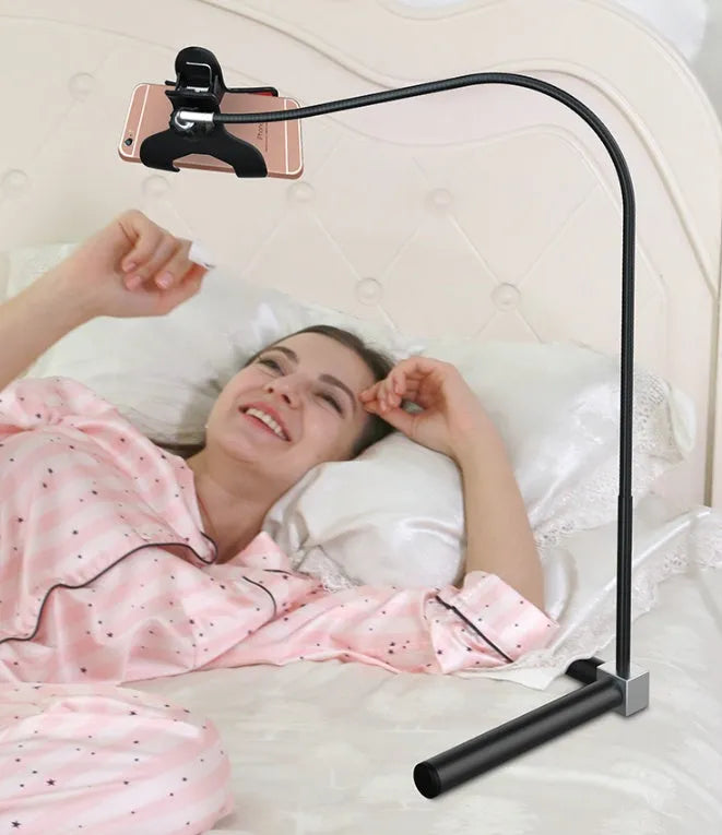 Black and white mobile phone bracket for bed with universal folding clamp on overhead support shelf