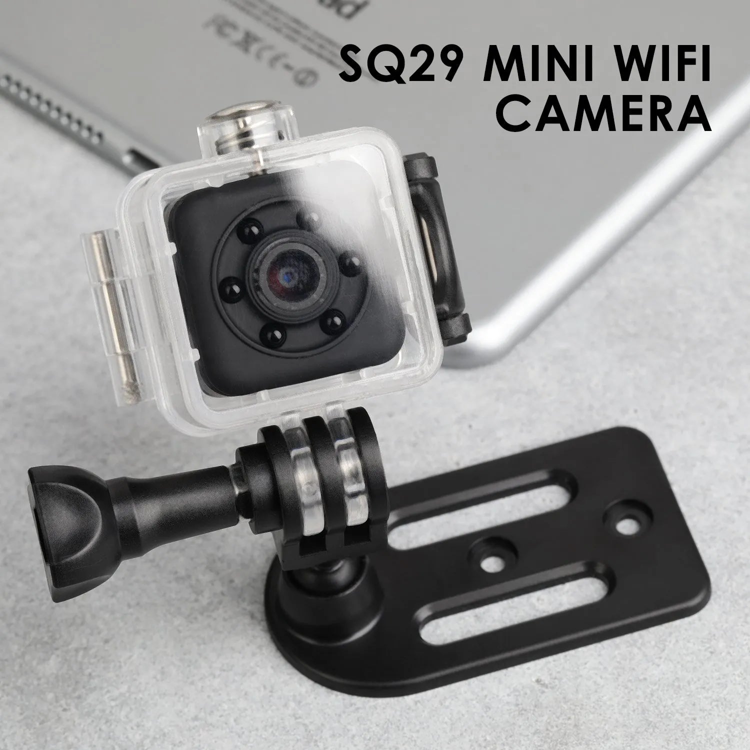SQ29 black waterproof sports camera with MicroUSB port and TF card slot for action recording.