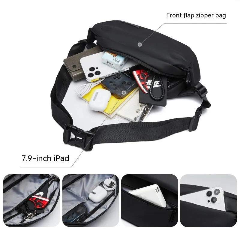 Black men's messenger bag made from Oxford cloth with one-shoulder cross-body design
