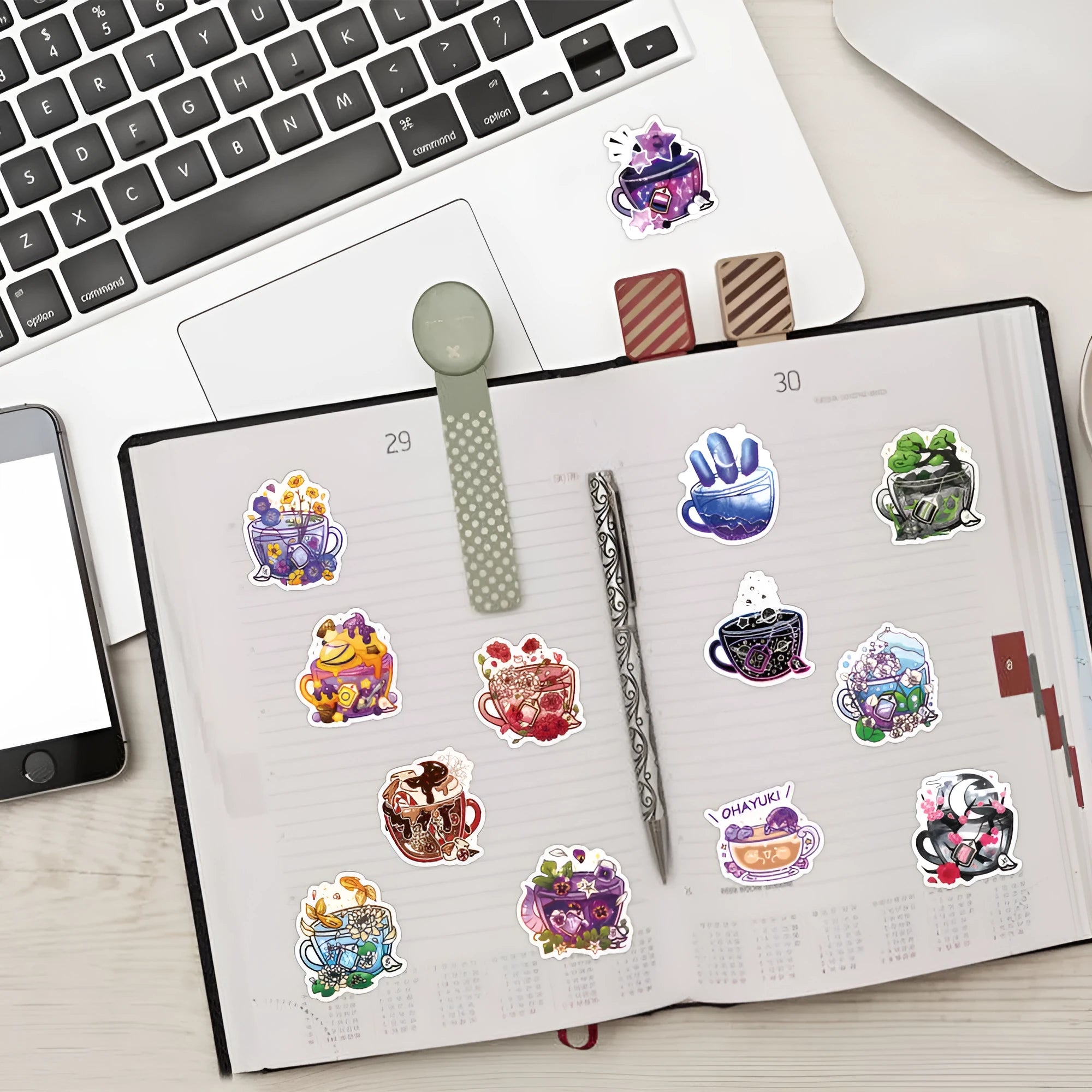Pack of 50 colourful tea cup graffiti design waterproof stickers for DIY personalisation on scooters and luggage.