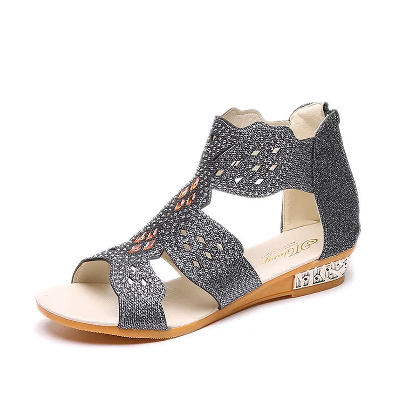 Women's flat open toe sandals with rhinestone and hollow detail, PU upper, back zipper, in black, beige, or gold.