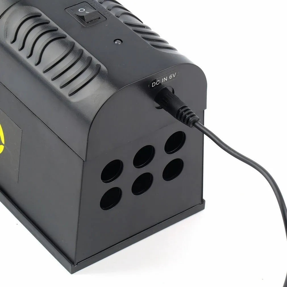 Black electronic rodent killer device with high voltage trigger measuring 208x115x75mm