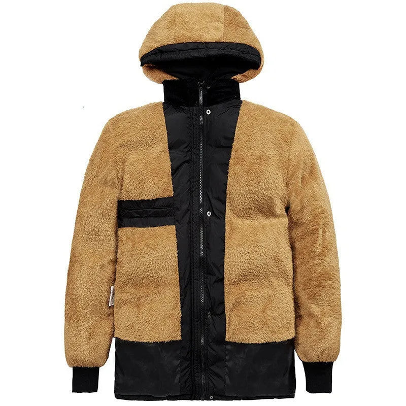 Men's black double-breasted padded winter jacket with hood and velvet lining