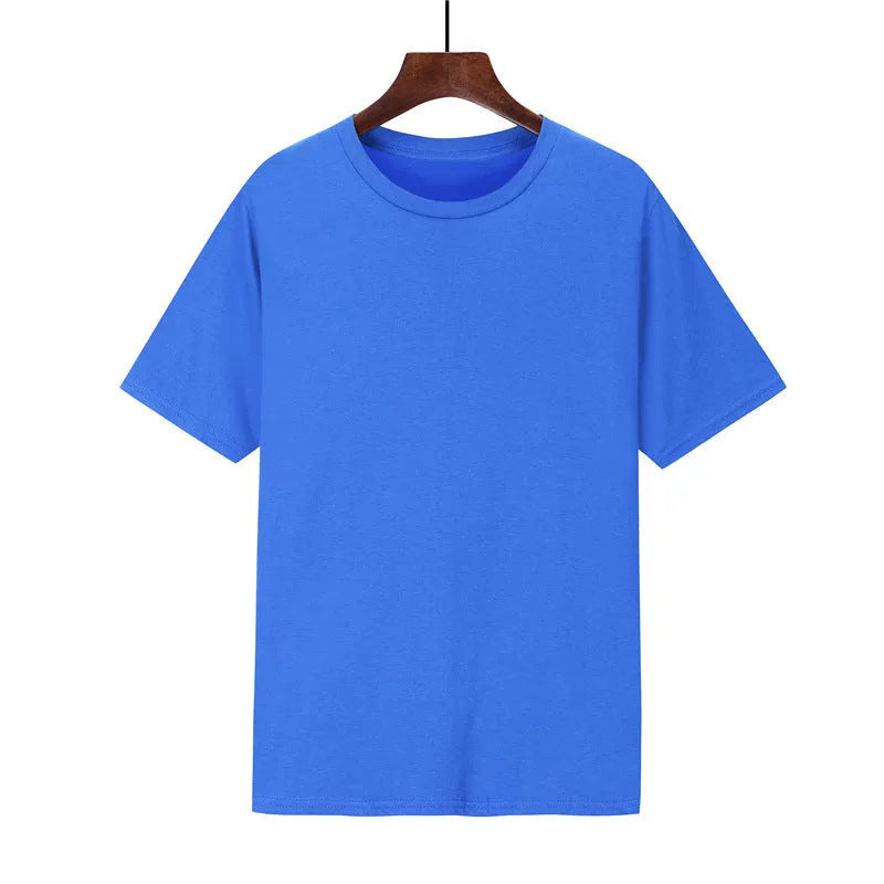Men's black loose fit cotton t-shirt with short sleeves on a hanger.